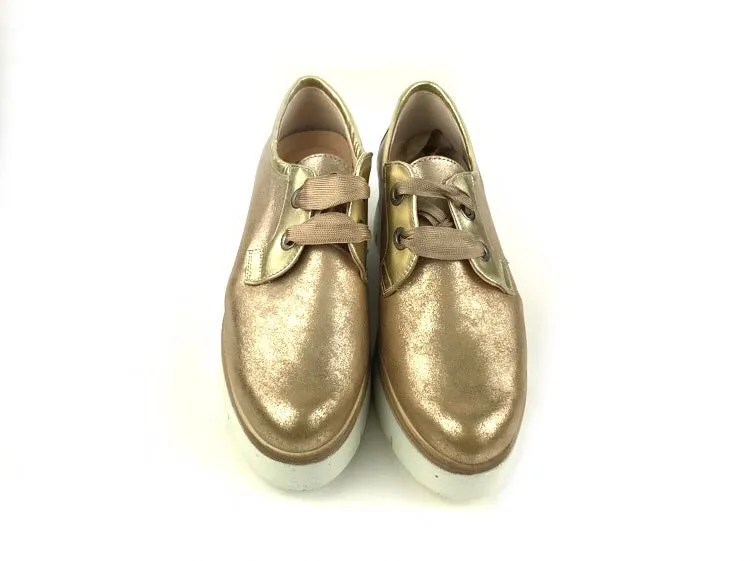 Tolino | Zapatos piel mujer planos cordones plataforma dorados Barbados