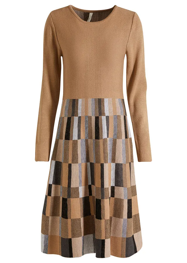 Vestido de punto a cuadros camello/marrón a cuadros