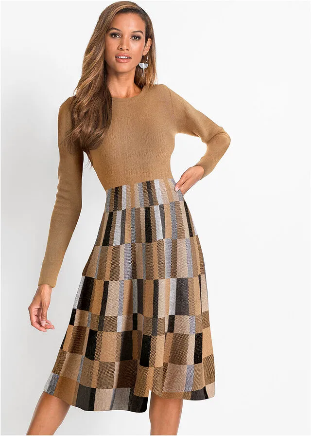 Vestido de punto a cuadros camello/marrón a cuadros