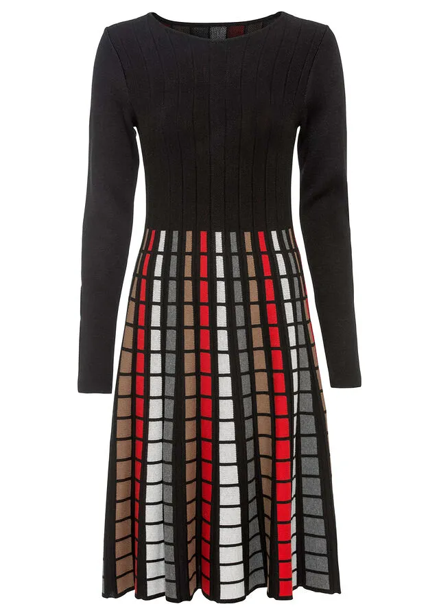 VESTIDO DE PUNTO CON CUADROS NEGROROJOMARRóNBLANCO LANA DE CUADROS