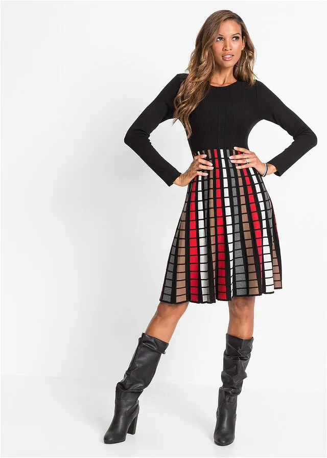 VESTIDO DE PUNTO CON CUADROS NEGROROJOMARRóNBLANCO LANA DE CUADROS
