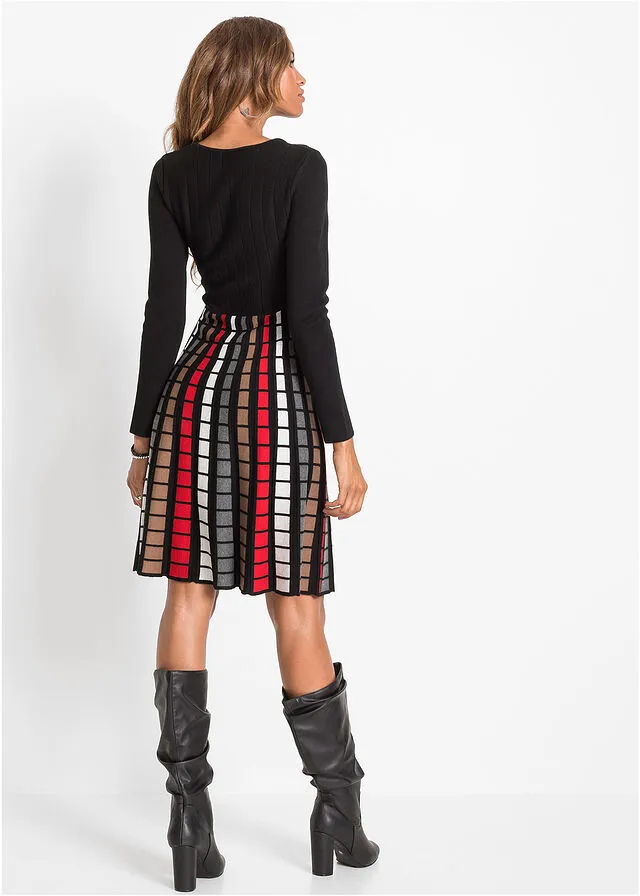 VESTIDO DE PUNTO CON CUADROS NEGROROJOMARRóNBLANCO LANA DE CUADROS