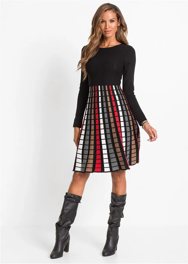 VESTIDO DE PUNTO CON CUADROS NEGROROJOMARRóNBLANCO LANA DE CUADROS