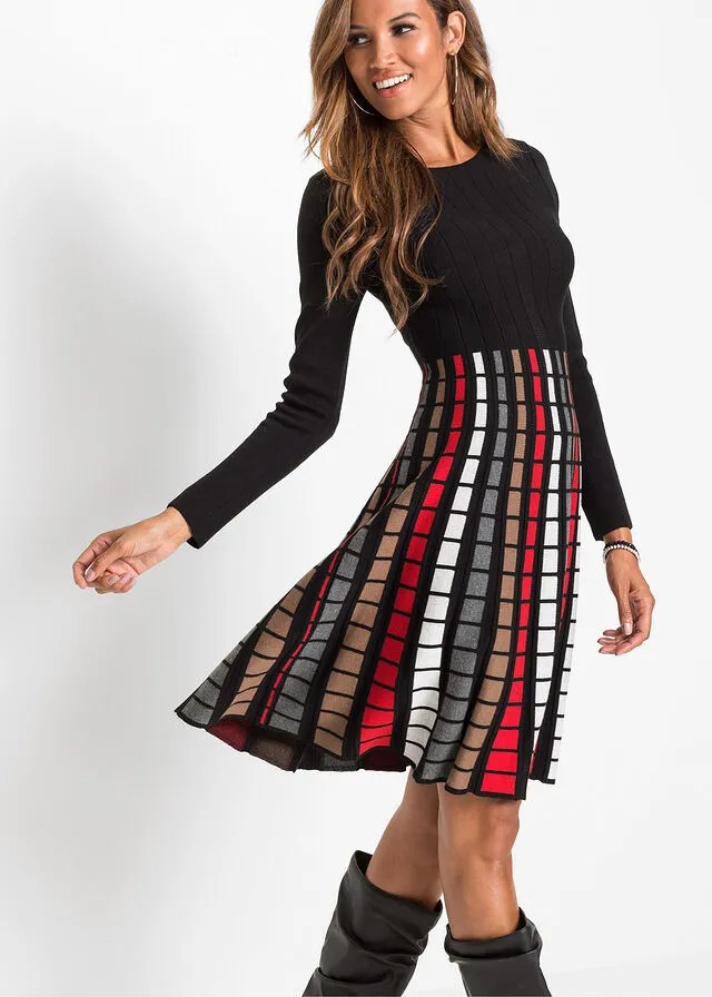 VESTIDO DE PUNTO CON CUADROS NEGROROJOMARRóNBLANCO LANA DE CUADROS