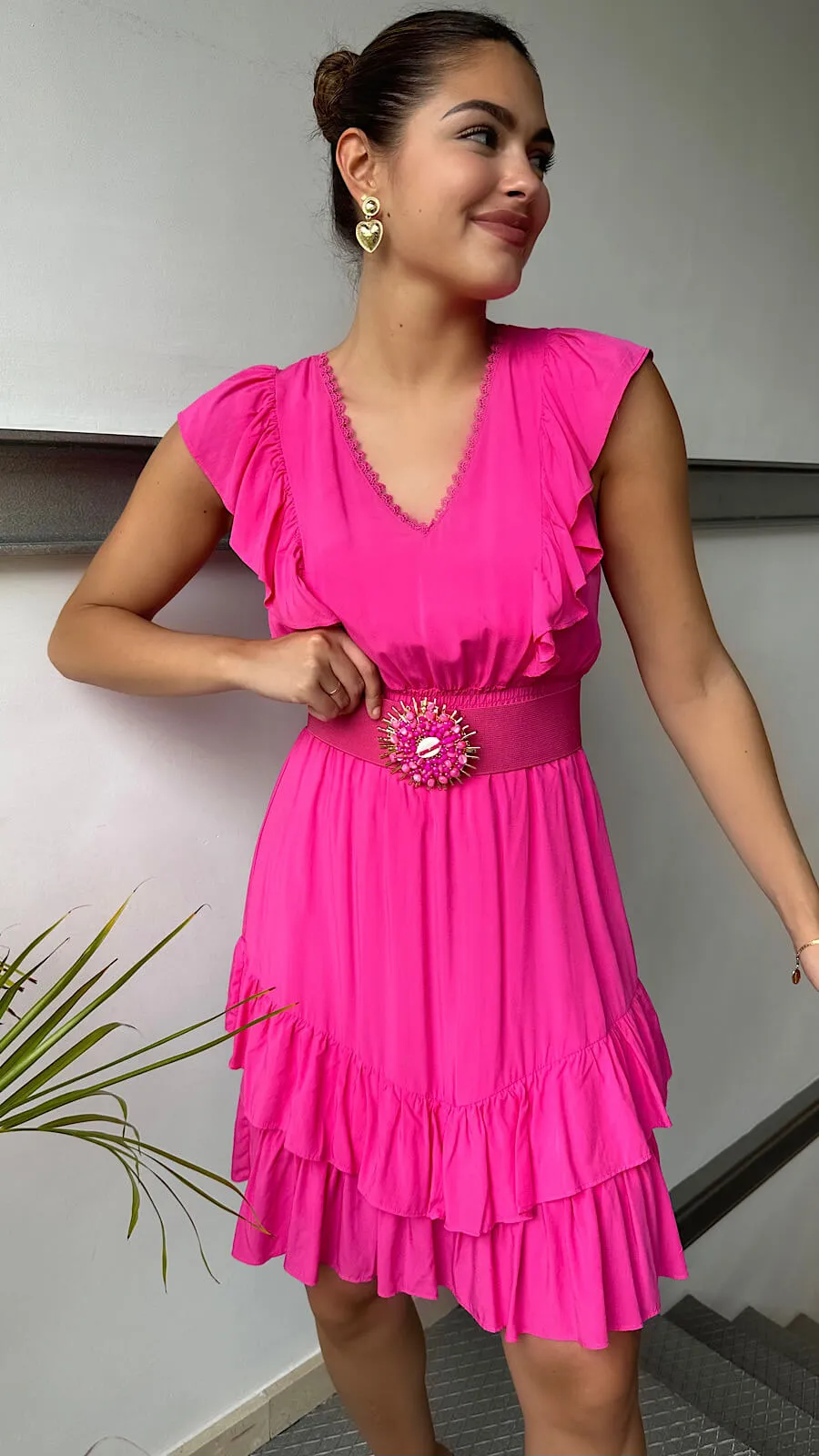 Vestido Rosa Escote Pico