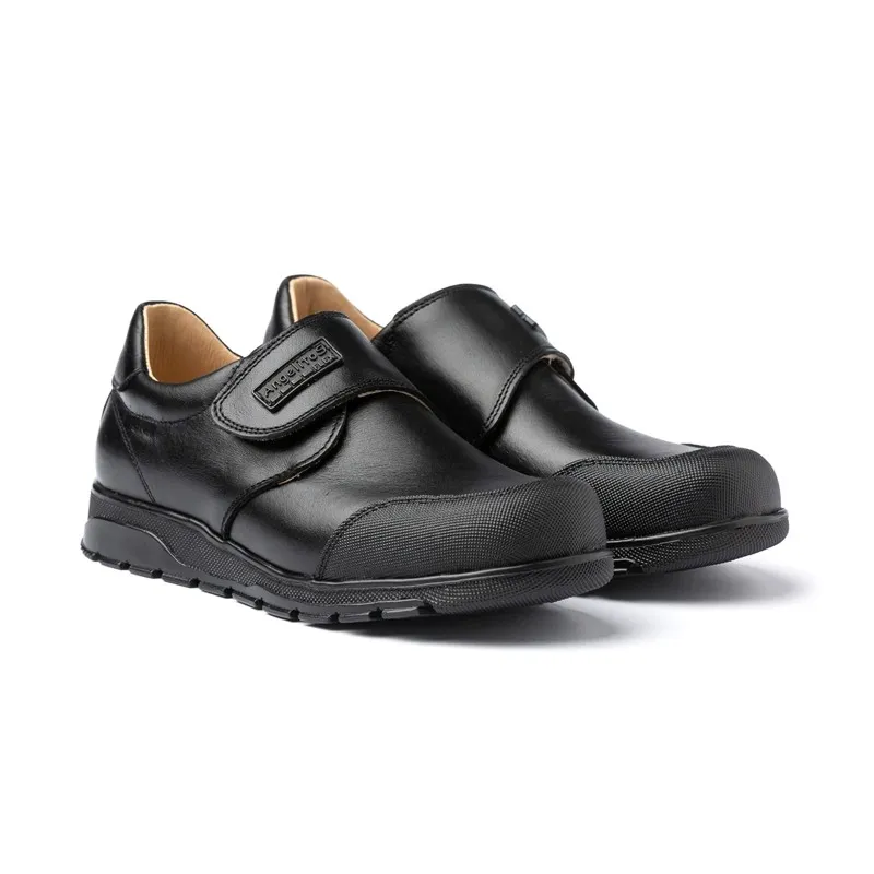 Zapatos Colegiales Niño Piel Puntera Reforzada Velcro 453 Negro, de Angelitos