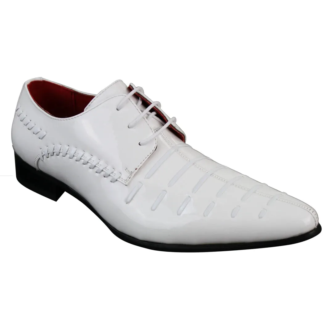 Zapatos de charol brillante de cuero con cordones en color blancos de diseño italiano para hombre