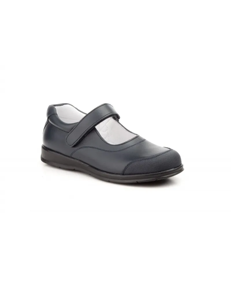 Zapatos Merceditas Colegial Niña Piel Marino Tipo Velcro