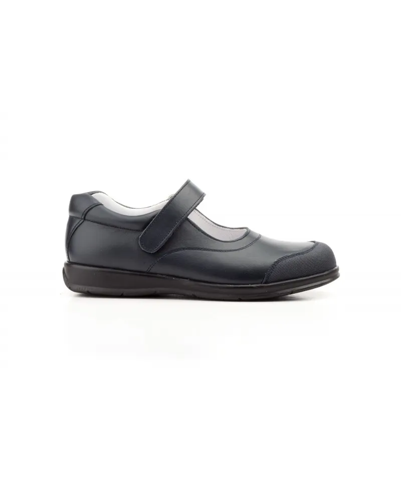 Zapatos Merceditas Colegial Niña Piel Marino Tipo Velcro