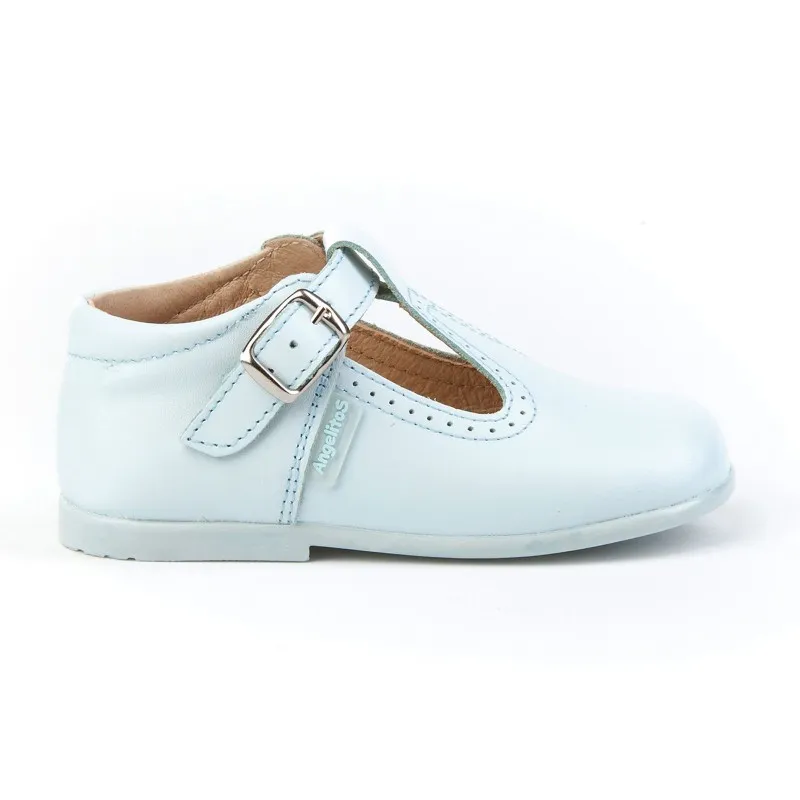 Zapatos Pepitos Colegiales Infantil Niño Niña Piel Hebilla 503 Celeste, de Angelitos